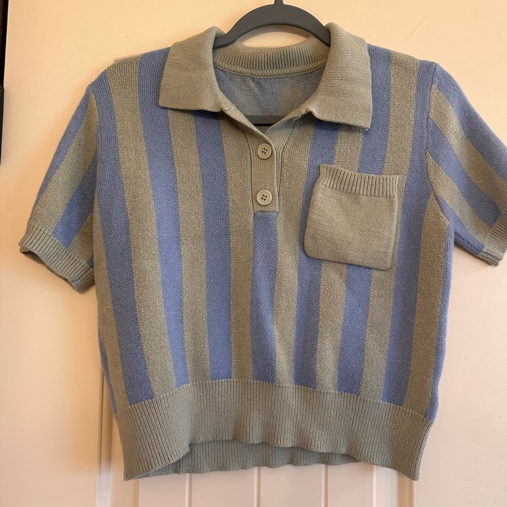 Cider Short-Sleeve Polo Sweater in Blue and Sage